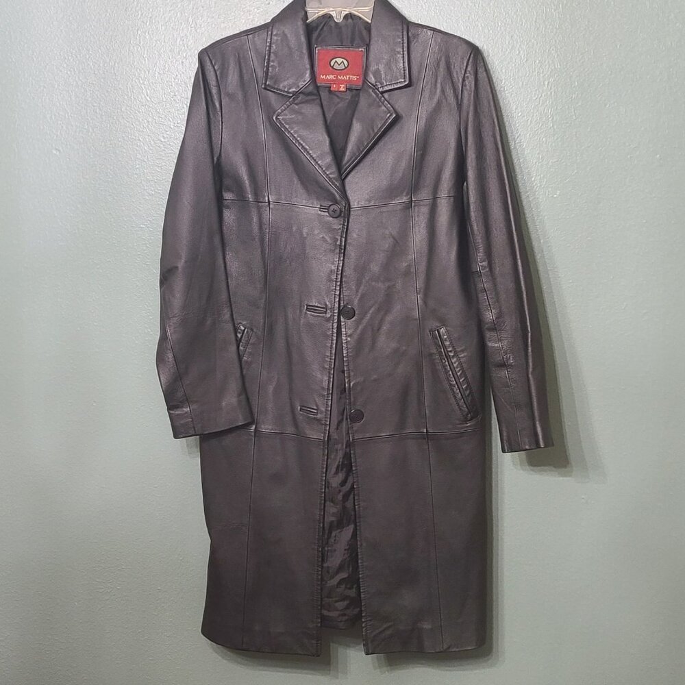Marc Mattis Women's Black Leather Long Trench Coat Vintage 90s S